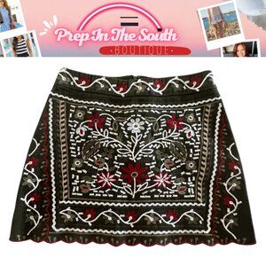 Francesca's Blue Rain Embroidered A-Line Mini Skirt – Olive Green | Size Women’s